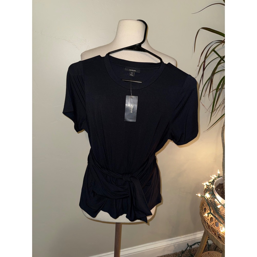 Alfani Womens Black Short Sleeve Tie Waist Top PET SM
